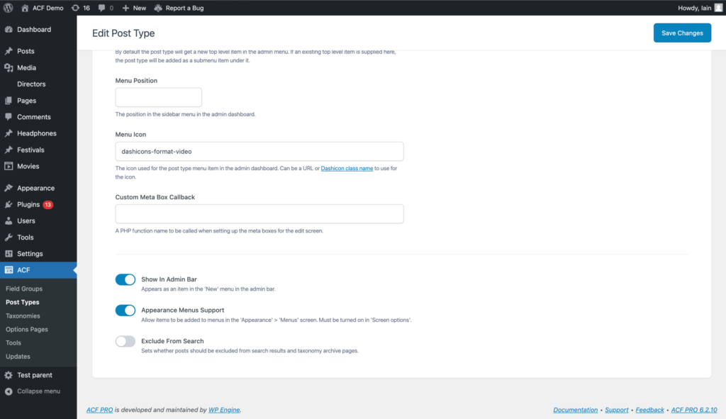 acf cpt admin menu before