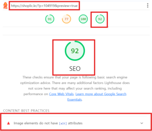SEO Lighthouse 최적화진단하기 진단점수확인