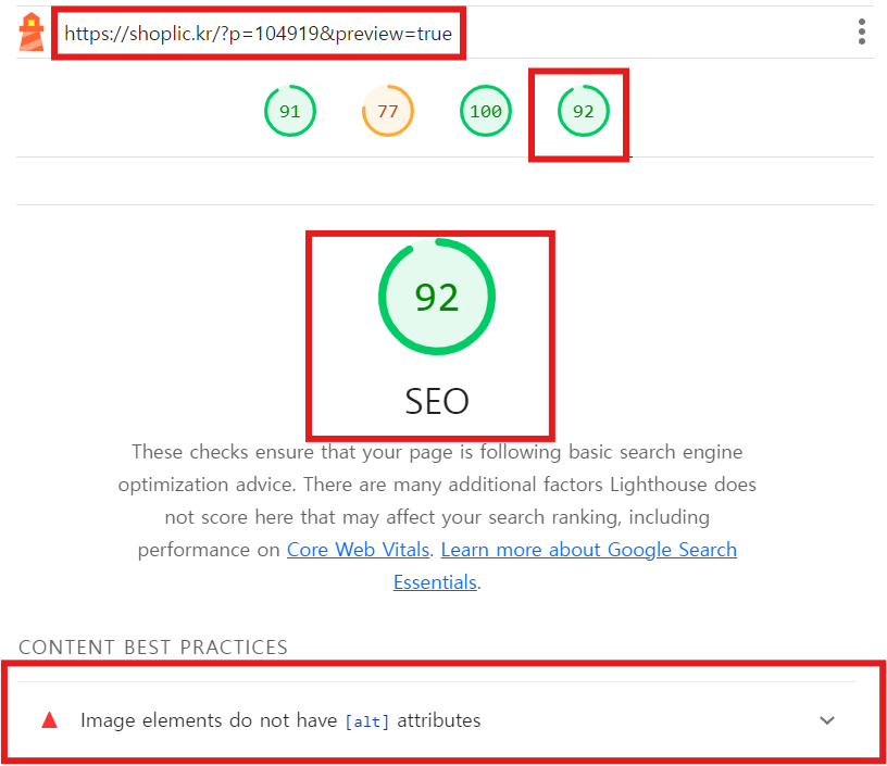 SEO Lighthouse 최적화진단하기 진단점수확인